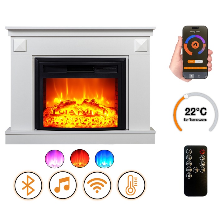 DLC Home Penida EF 4 Elektromos Kandalló, 115×87.5×28.5 cm Edzett Üveg, Bluetooth, Pattogó Tűzhang
