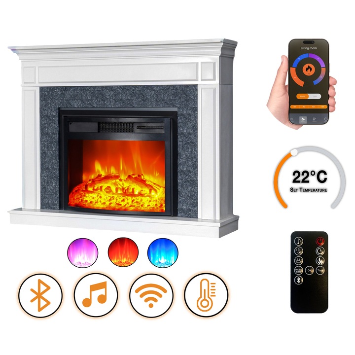DLC Home Morella EF 4 Elektromos Kandalló, 118×94×34 cm MDF + Terméskő, Bluetooth, Pattogó Tűzhang