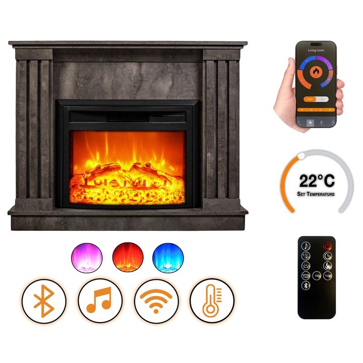 DLC Home Irony Urban EF 4 Elektromos Kandalló | 115×94×24 cm Sötétszürke Beton Felület, Bluetooth, Pattogó Tűzhang