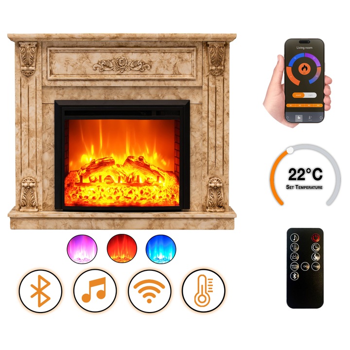 DLC Home Rosmarin EF 4 Elektromos Kandalló | 117×94×31 cm Krémpatina Lakkozott Felület, Bluetooth, Pattogó Tűzhang