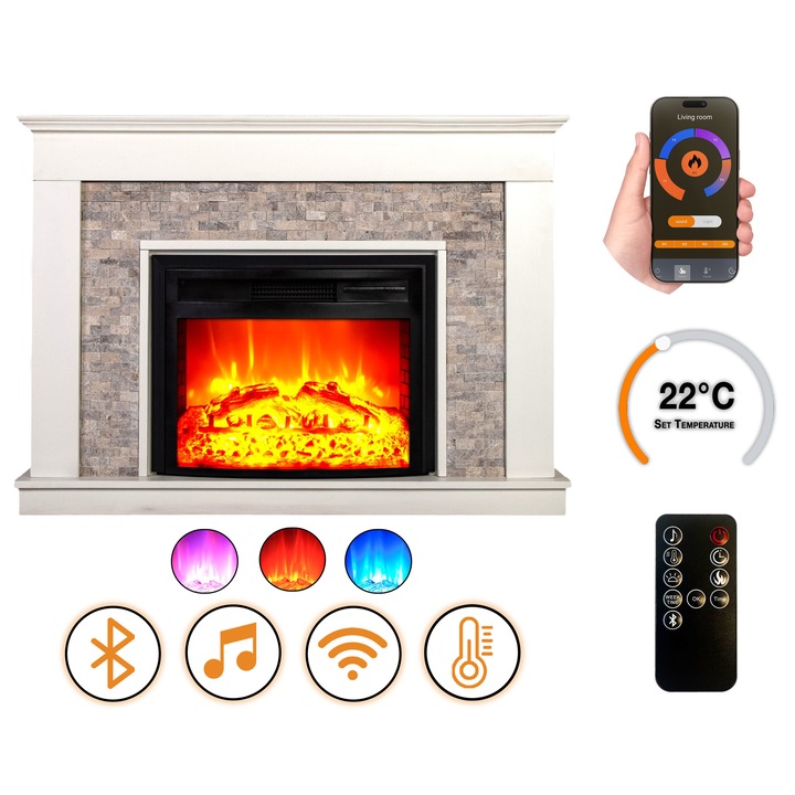 DLC Home Seratonya Stone EF 4 Elektromos Kandalló, 135×96×25 cm MDF + Természetes Kő, Bluetooth, Pattogó Tűz Hanghatás