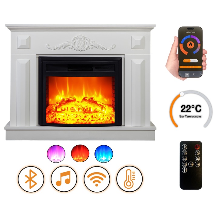 DLC Home Puglia EF 4 Elektromos Kandalló | 125×88×35 cm Fehér Lakkozott Felület, Bluetooth, Pattogó Tűzhang