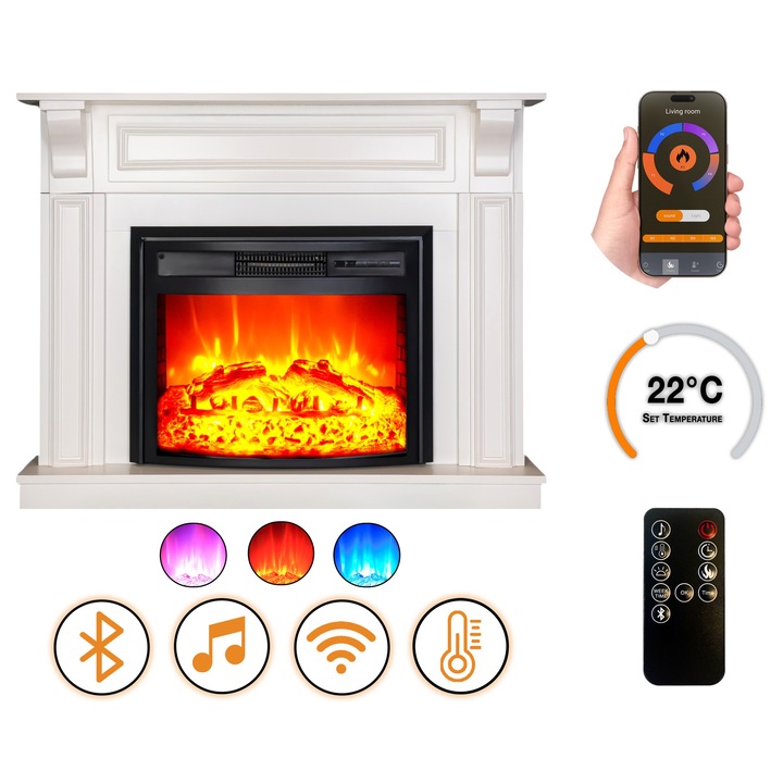 DLC Home Mykonos EF 4 Elektromos Kandalló, 118×94×34 cm Fehér Lakkozott MDF, Bluetooth, Pattogó Tűzhang