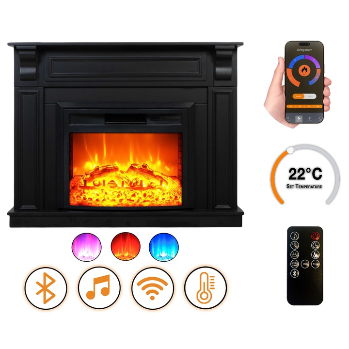 DLC Home Mykonos EF 4 Elektromos Kandalló, 118×94×34 cm MDF, Bluetooth, Pattogó Tűzhang