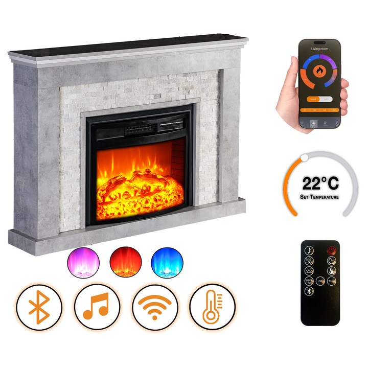 DLC Home Retro Concrete EF 4 Elektromos Kandalló, 135×96×25 cm Szürke Beton + Fehér Kő, Wi-Fi, Bluetooth