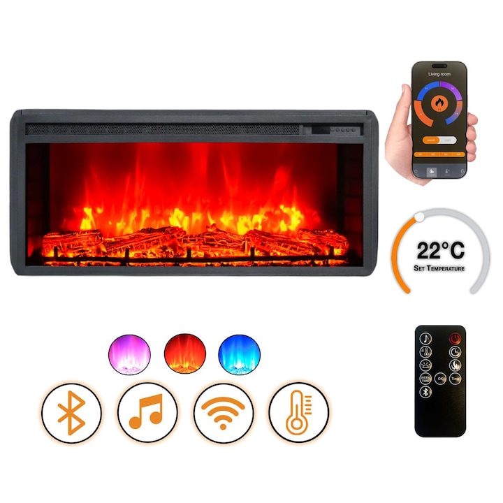 DLC Home ElectricFlame 2 Beépíthető Elektromos Kandalló | 91.1×17×40.4 cm Edzett Üveg, Wi-Fi, Bluetooth, Pattogó Tűzhang