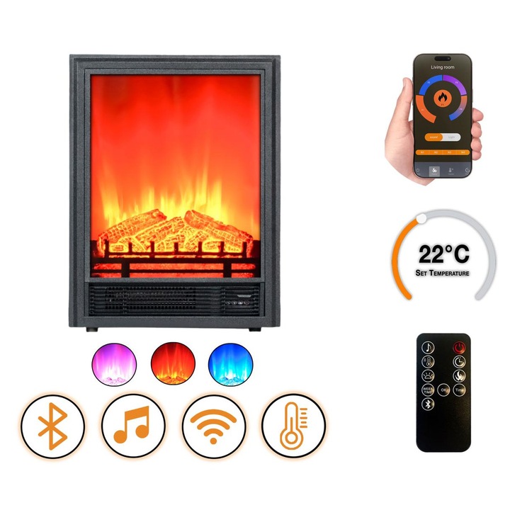 DLC Home ElectricFlame 1 Beépíthető Elektromos Kandalló | 47.1×17.1×61.7 cm Edzett Üveg, Wi-Fi, Bluetooth, Pattogó Tűzhang