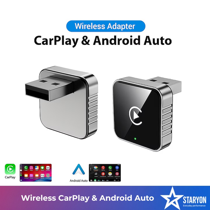 Adaptor Wireless CarPlay & Android Auto 2-in-1 conexiune rapida WiFi 5G + Bluetooth 5.0, actualizare OTA, compatibil 99% dintre masini cu CarPlay/Android Auto prin cablu, Plug & Play