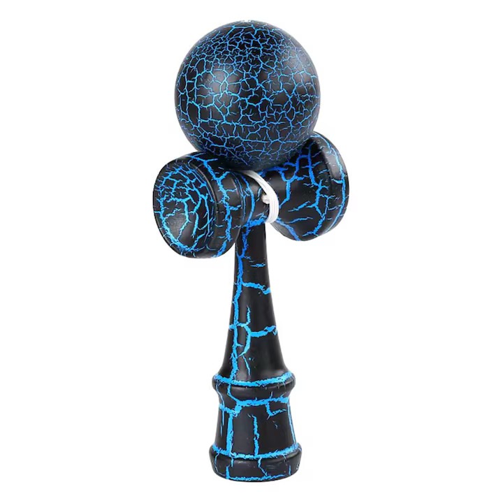 Professzionális kendama natúr fából, markolattal, fekete-kék design, 18 cm, ügyességi játék gyerekeknek és felnőtteknek