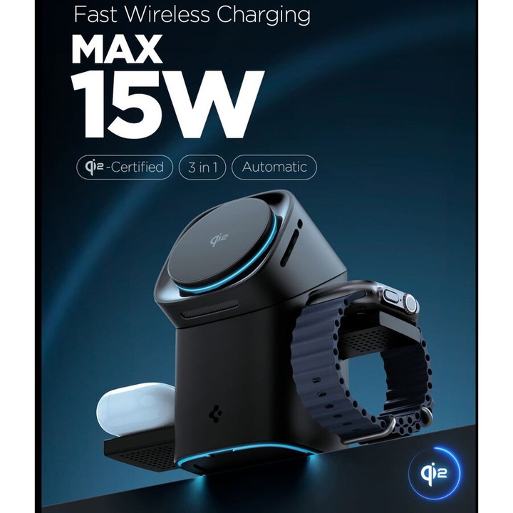 SPIGEN ESSENTIAL EF223MS 3IN1 QI2 ROTARY MAGNETIC MAGSAFE vezeték nélküli töltő fekete