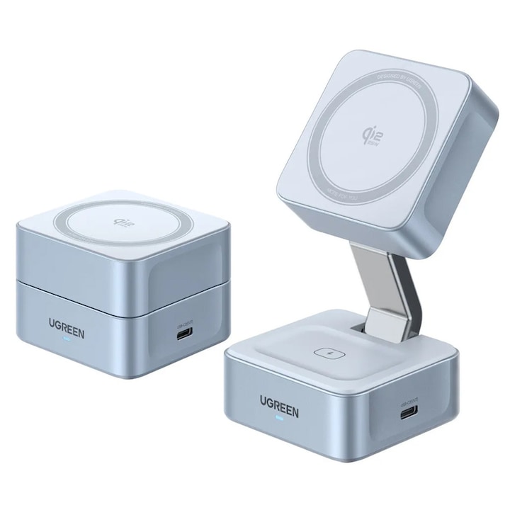 Statie de Incarcare Wireless UGREEN 2 in 1 – Qi2 MagSafe 35W, pentru iPhone si AirPods, cu prindere magnetica si design premium albastru