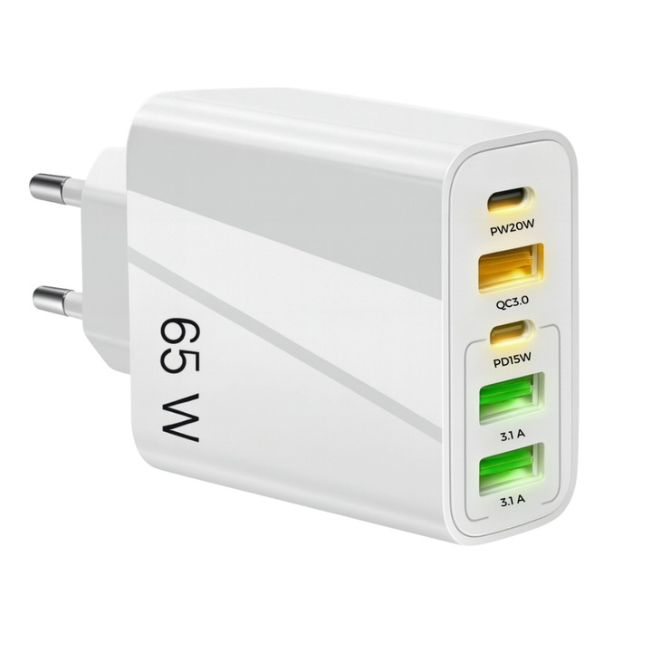 Incarcator multiport 65W cu 5 porturi MARBEX, 2xType-C si 3xUSB, incarcare rapida PD/QC, compatibil telefon, tableta, smartwatch, Compatibil Android, iPhone, Huawei, alb snow