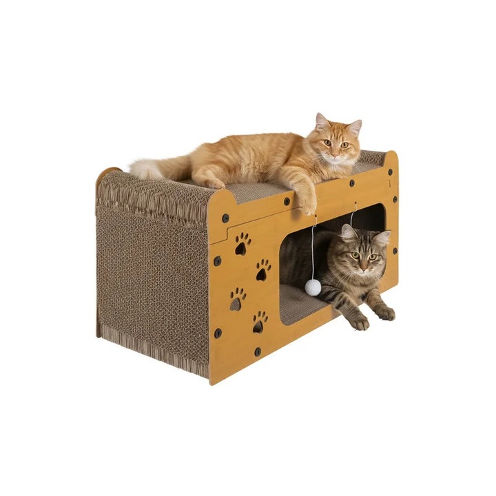 Pat de zgariat pentru pisici, 3 in 1, 2 niveluri, 29.5 x 56 x 27 cm, lemn