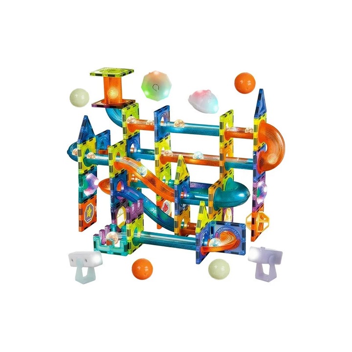 Set pista cu bile si blocuri magnetice, 110 piese, luminite LED, multicolor, pentru copii 3+ ani