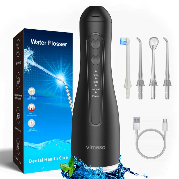 Irigator Bucal Portabil Vimeso, Dus Bucal Oral, 1600 Pulsatii/Min, 4 Programe, Rezervor 300 ml, 4 Duze, Negru