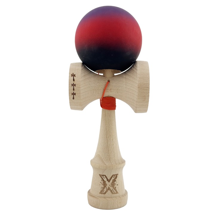 Kendama X Originala, Profesionala, By Fitilomania, Big Cups V2, Rubber Grip cu Cupe Mari, Rulment Metalic cu Ata 55 cm, Mov/Rosu/Negru