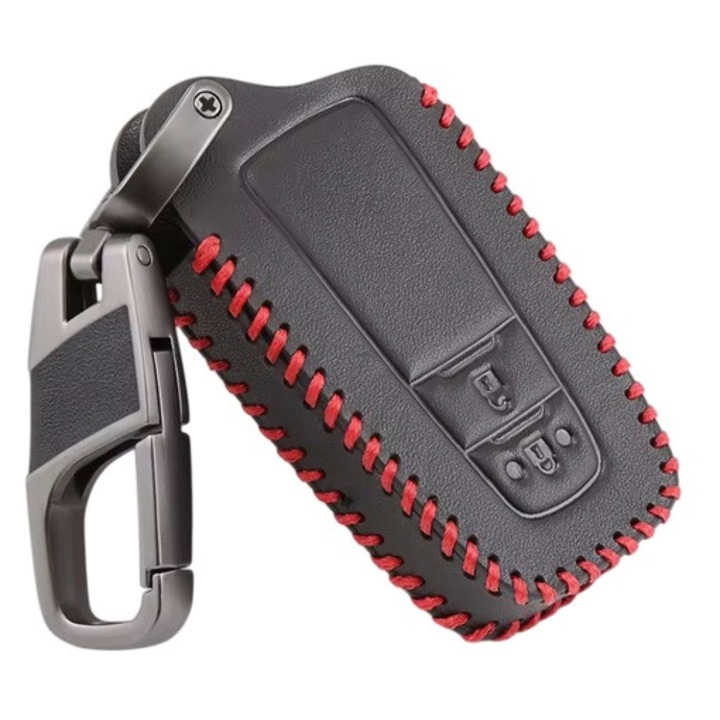 Кожен калъф за ключ VTH, 2 бутона, черен с червен шев, за Toyota Camry 2017-2018, многоцветен