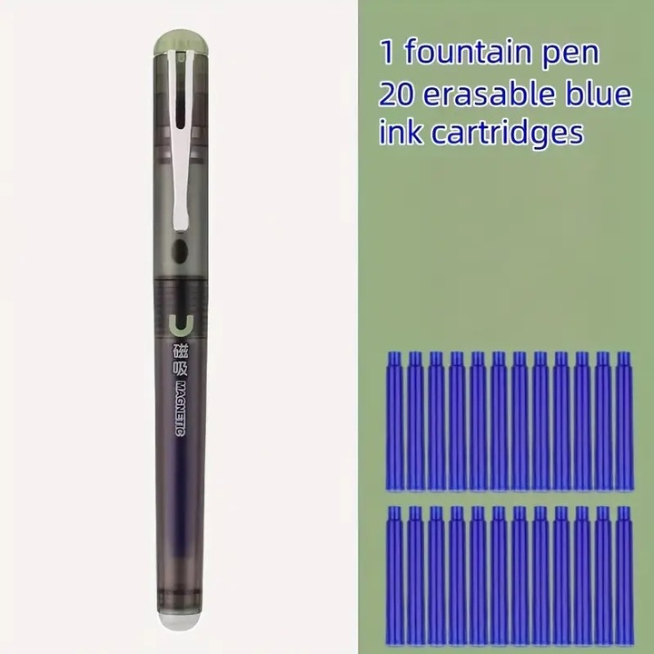 Set Stilou Magnetic Yiren Verde cu 20 Rezerve Cerneala Termosensibila, Varf 0, 38mm