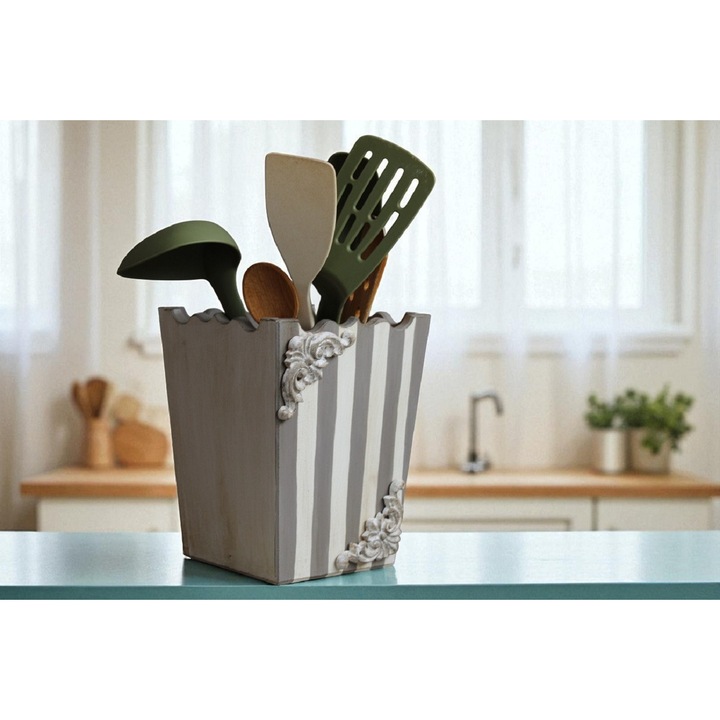 Suport pentru ustensile de bucatarie, din lemn, pictat manual, ornamente antichizate, multicolor, inaltime 20 cm