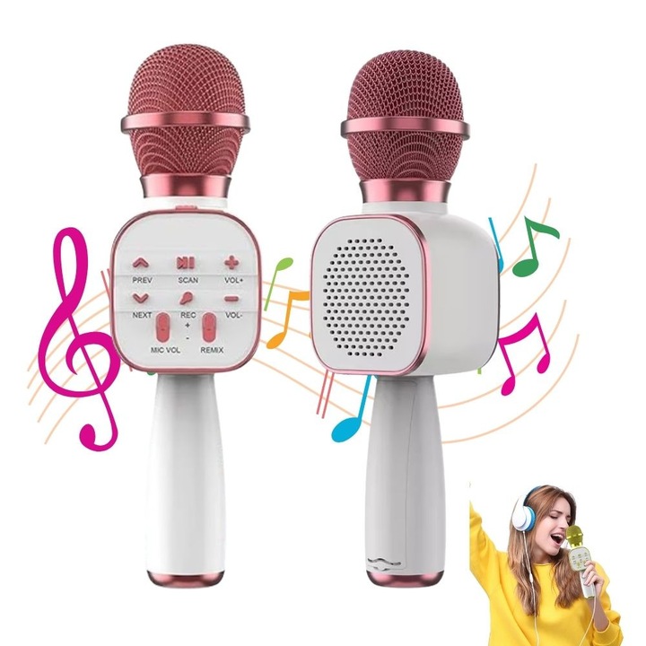 Microfon wireless karaoke pentru copii Cu acumulator si boxa inclusa, Radio FM, TF card, USB, Inregistrare muzica, Culoare Roz, Nextfarma®