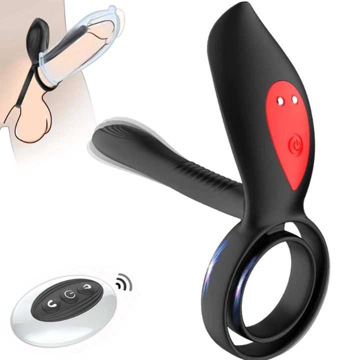 Inel Penis Vibrator Obsessia® DuoPulse, cu 10 moduri de vibratie, dubla stimulare, control prin telecomanda, din silicon moale, incarcare magnetica, jucarii sexuale pentru Cuplu, rezistent la apa IPX7, negru