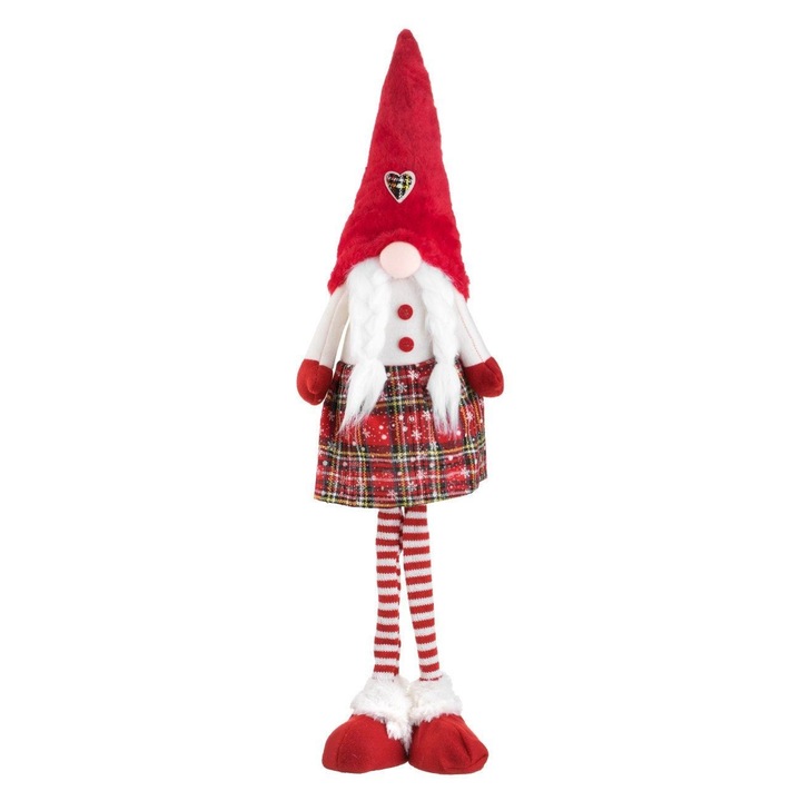 Figurina Decorativa Craciun Gnome Craciunita Rosu cu Caciula si Rochie Carouri 55cm Shopiens®
