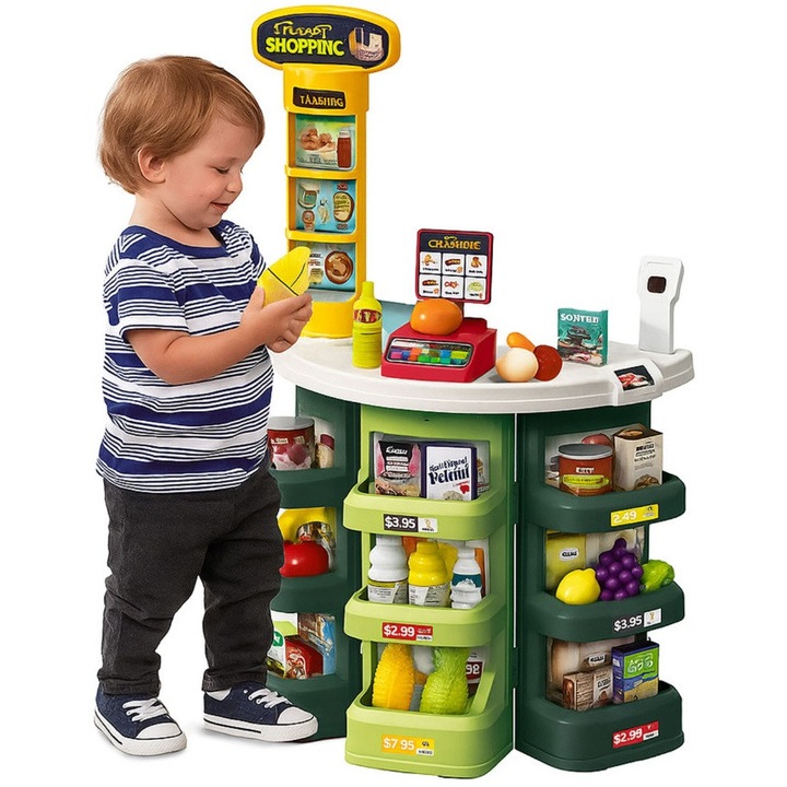 Set joaca supermarket Matadi Green cu cos de cumparaturi si 44 accesorii, scaner cu lumina si sunete, cantar, dimensiune 76x46.5x27 cm