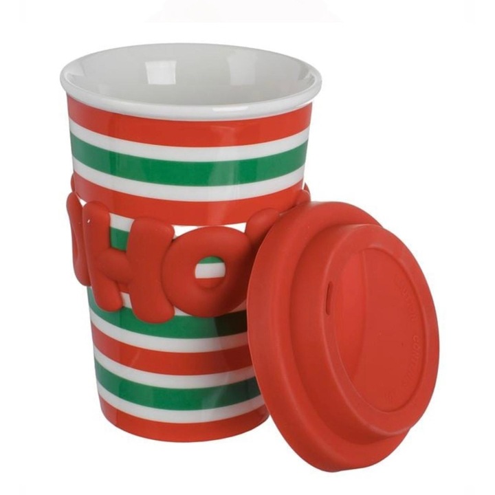 Коледна порцеланова чаша на райета HO HO & силиконов капак, 450 мл