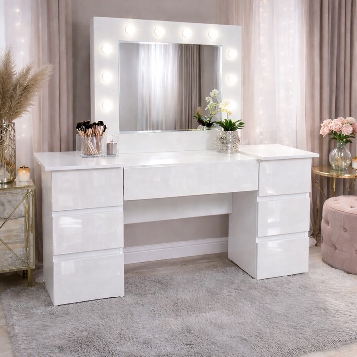 Masa de toaleta/machiaj, alba, sertare lucioase, cu oglinda si LED-uri, Antonia, 155x42x135 cm