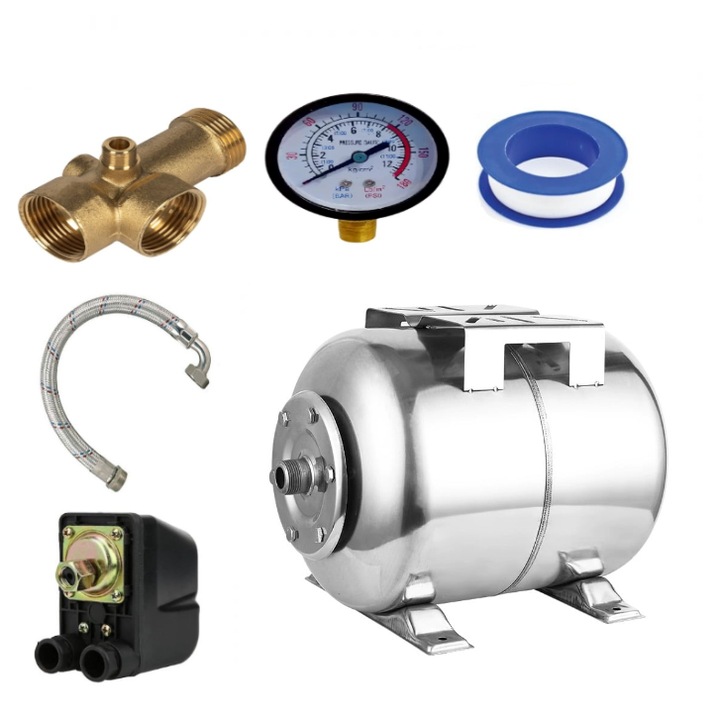 Kit accesorii hidrofor, vas expansiune 50L inox DDT, presostat, manometru, racord 5 cai bronz, furtun racord inox cu cot 60cm