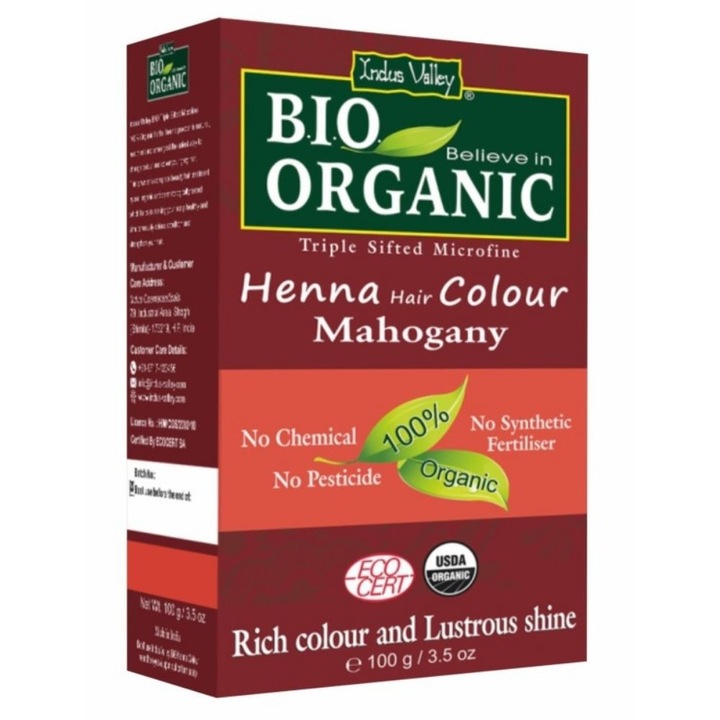 Vopsea de păr Indus Valley Henna Mahon 100% naturală, culoare mahon, 100 g