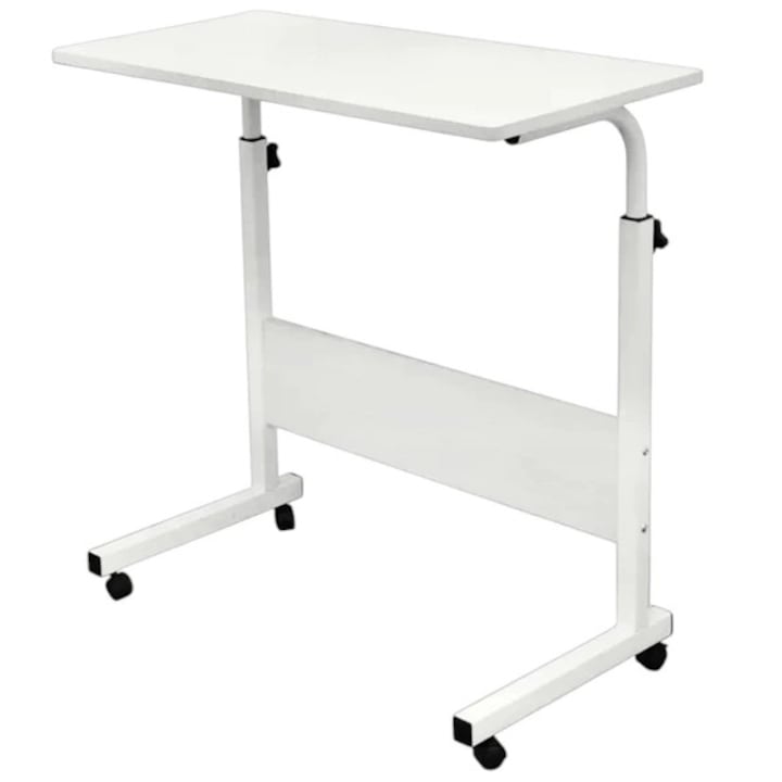 Masuta reglabila pentru laptop sau tableta, blat furniruit, cadru metalic, roti, reglabila 70-90 cm, dimensiuni 80x40 cm, auto-asamblabila