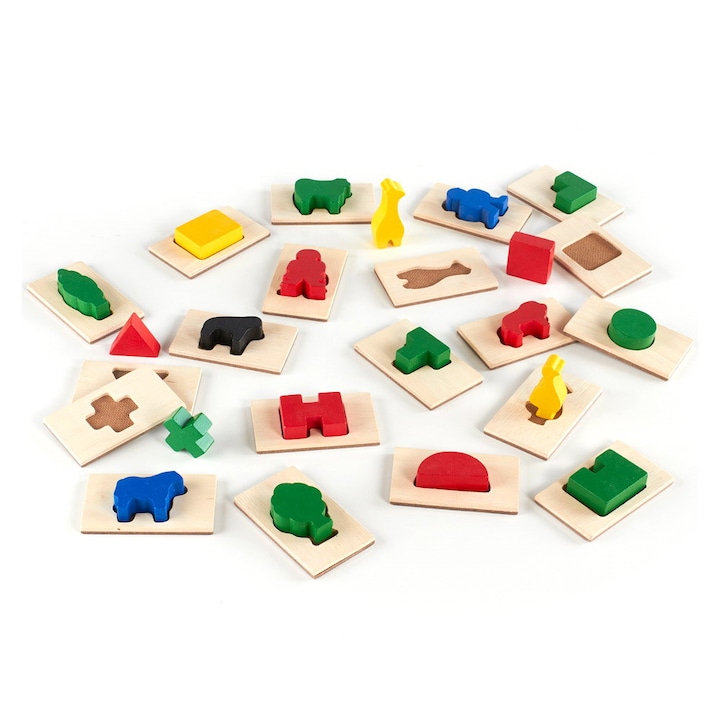 Interaktív játék, Guidecraft, Feel & Find 3D, tapintható puzzle szett, 20 fa forma, többszínű, fiúknak, 3 év