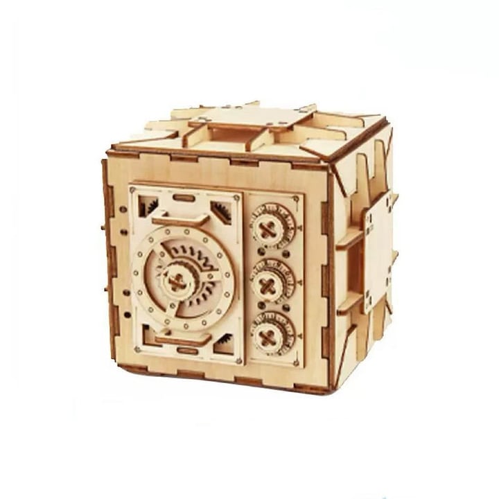 Puzzle 3D din lemn, cutie cu mecanism de blocare, bej