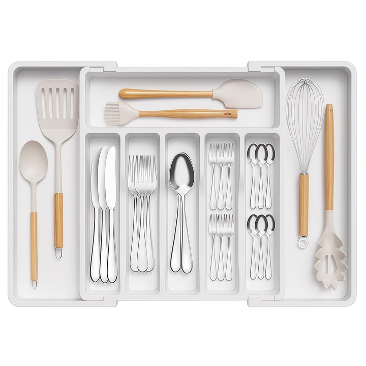 Органайзер за прибори и кухненски прибори, Wacorresi, разтегателен чекмедже, полипропилен, 8 отделения, регулируема поставка за прибори, 33 - 57 см, за съхранение и кухненски прибори, вилици, лъжици, ножове, бял