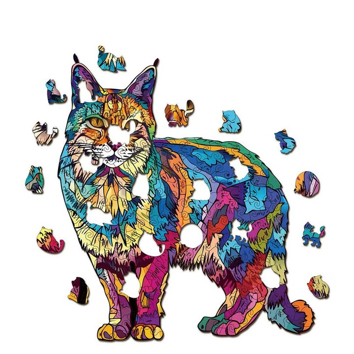 Дървен пъзел, форма на котка, многоцветен