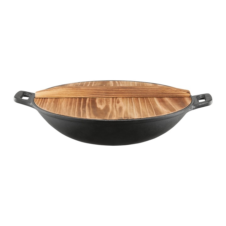 Tigaie wok Ambition, Iron, 32cm, fonta, capac lemn, 2 manere
