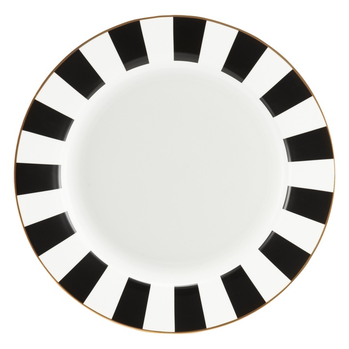Farfurie plată Ambition Ribs, 27cm, portelan, dungi albe și negre, detalii aurii