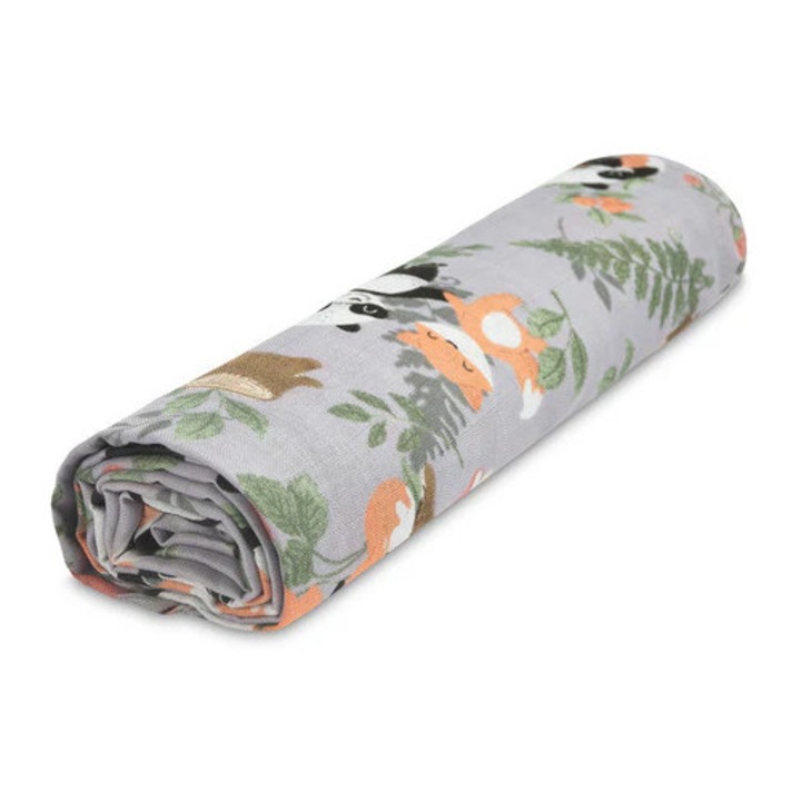 Пелена Caretero Panda And Fox, цветен, 120x120 см, деликатен памук