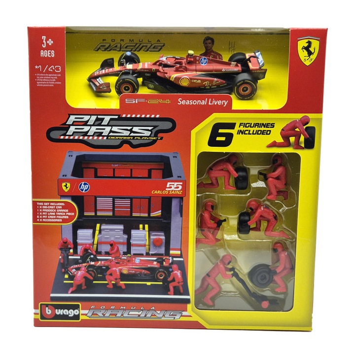 Ferrari Pit Stop - boxutca diorama szett - SF-24 F1 #55 (2024) - Carlos Sainz - szerelőkkel - Bburago - 1:43