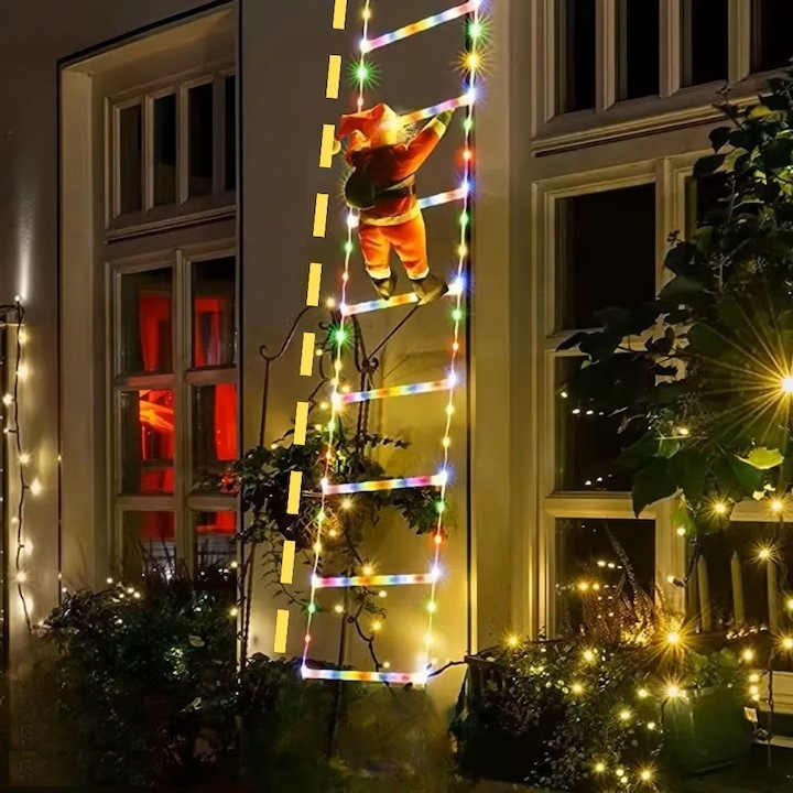 Decoratiune Mos Craciun pe scara, pentru exterior si interior, material hidrofug, lungime scara 130 cm, rosu