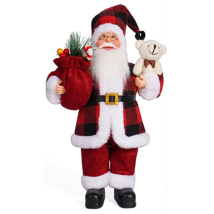 Figurina decorativa Craciun, Mos Craciun cu sac cadouri, material plastic+textil, pentru interior/exterior, alb/rosu