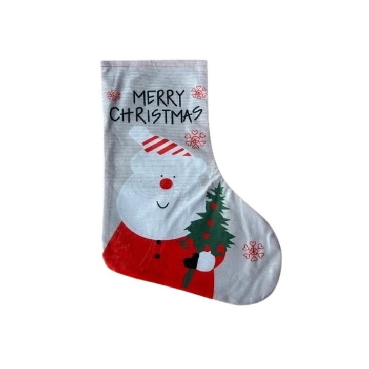 Ciorap decorativ de Craciun, material textil, model Mos Craciun, crem, 35 cm