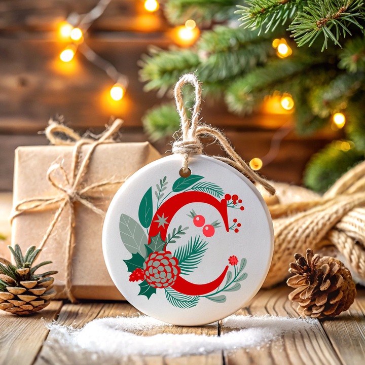 Ornament de craciun din ceramica cu litera C, initiala numelui cu motive de Craciun, decoratiune pentru brad, idee cadou de craciun, rosu si verde