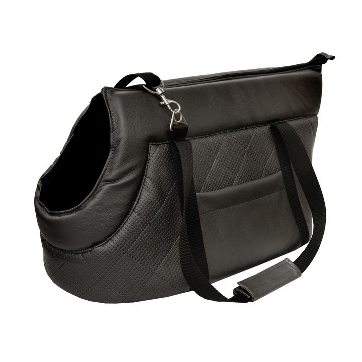 Geanta de transport pentru animale de companie BOUTIQUE ZOO, M, 40x23x26cm, negru metalic, imitatie piele de caprioara, cu buzunar lateral