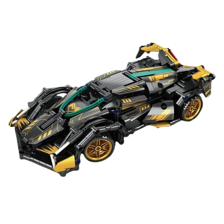 Mașină de curse RC Pingao Blocks, 402 piese, telecomandă 2.4GHz, negru/auriu, 1:16, set