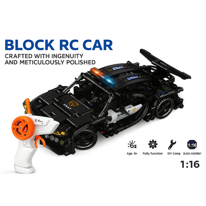 Masina seturi de constructie RC Tip Tehnic SWAT Sport, 396 Piese, Control Radio 2.4GHz, Scara 1:16