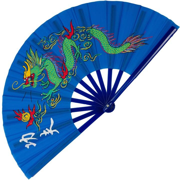 2 darab MIVELIS összecsukható legyező, kék, kínai sárkányos mintával, 33x64 cm