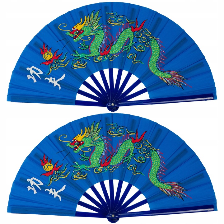 Set 2 evantaie pliabile MIVELIS, albastru cu dragon chinezesc, 33x64 cm