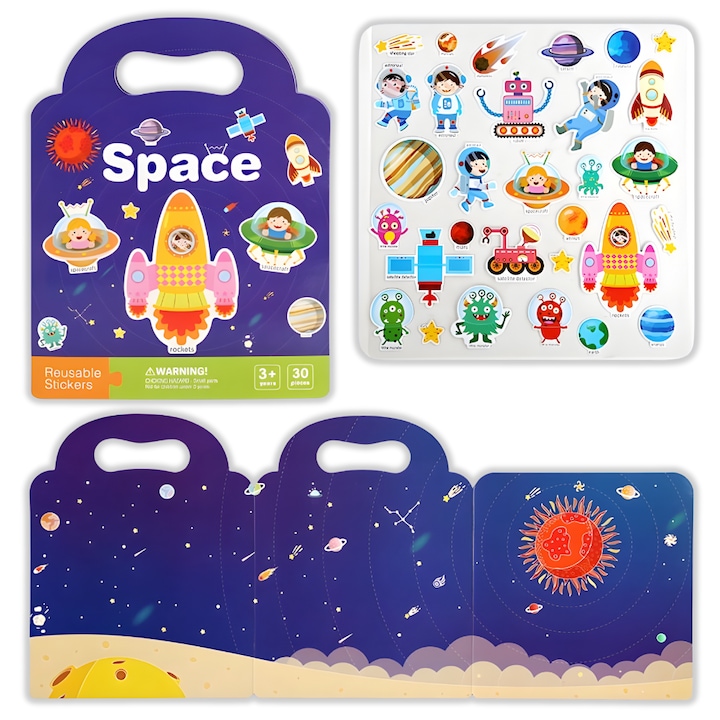 Carte cu stickere reutilizabile Busy Book, jucarie educativa Montessori cu abtibilduri, include 32 autocoloane refolosibile, pentru copii 3+, tematica Spatiu
